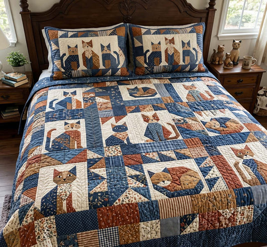 Patchwork Cat Tales 3-Piece Quilted Bedding Set GFTONTD4092