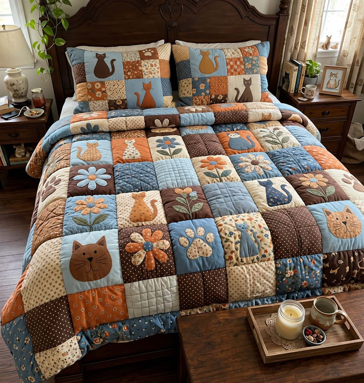Cozy Cat Squares 3-Piece Quilted Bedding Set GFTONTD4093