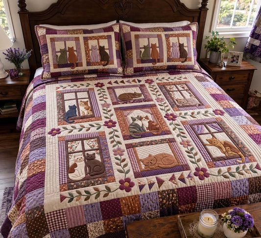 Window Cats Quilt 3-Piece Quilted Bedding Set GFTONTD4094
