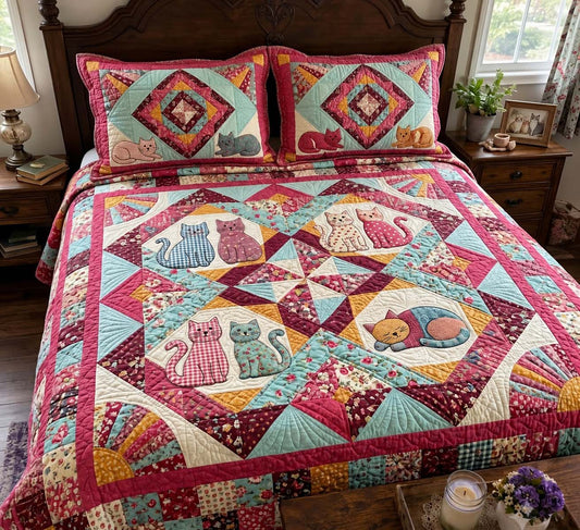 Pink Kitty Mosaic 3-Piece Quilted Bedding Set GFTONTD4095