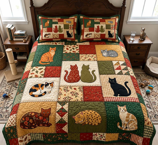 Autumn Cat Patchwork 3-Piece Quilted Bedding Set GFTONTD4096