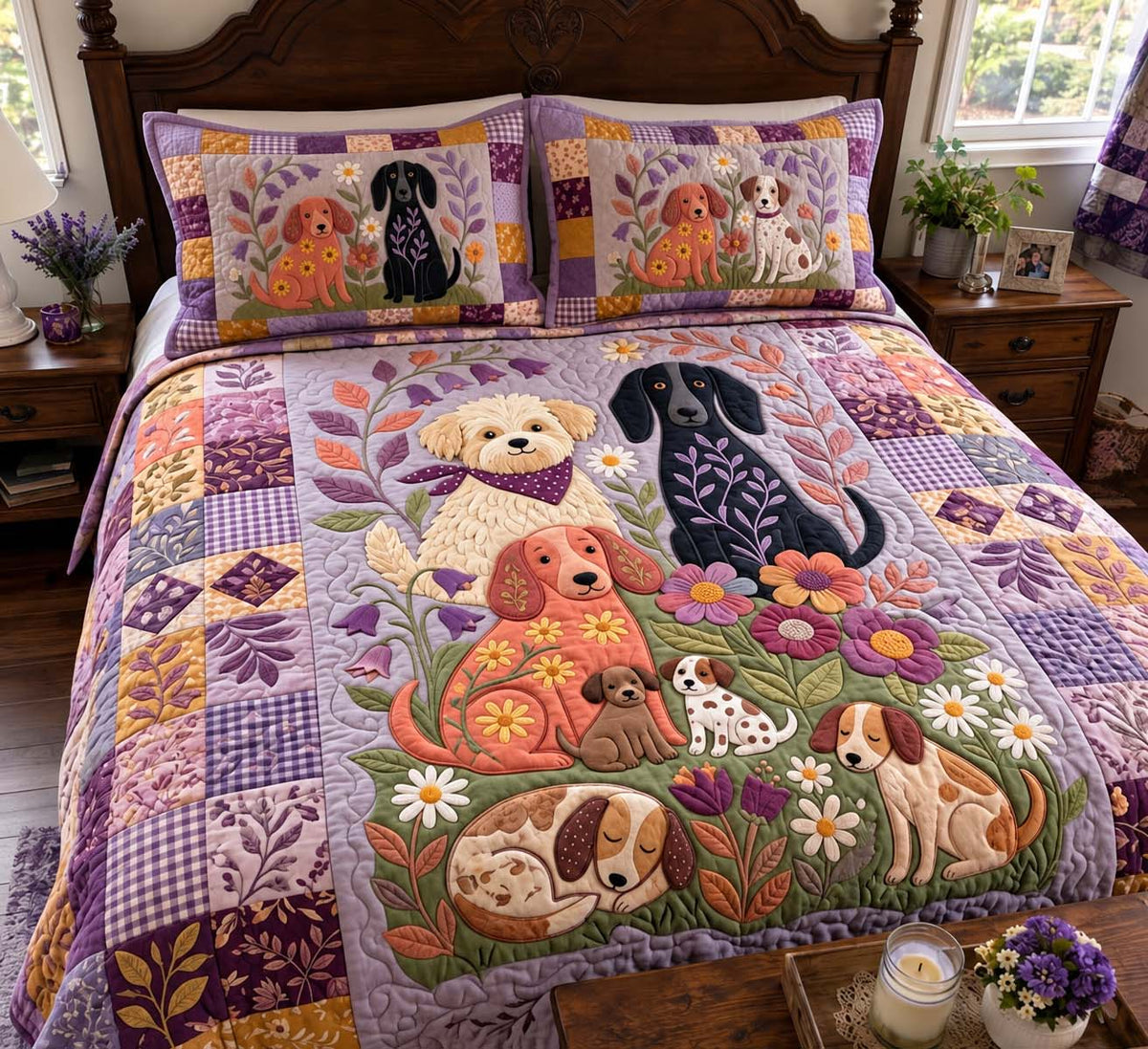 Lavender Dog Garden 3-Piece Quilted Bedding Set GFTONTD4099