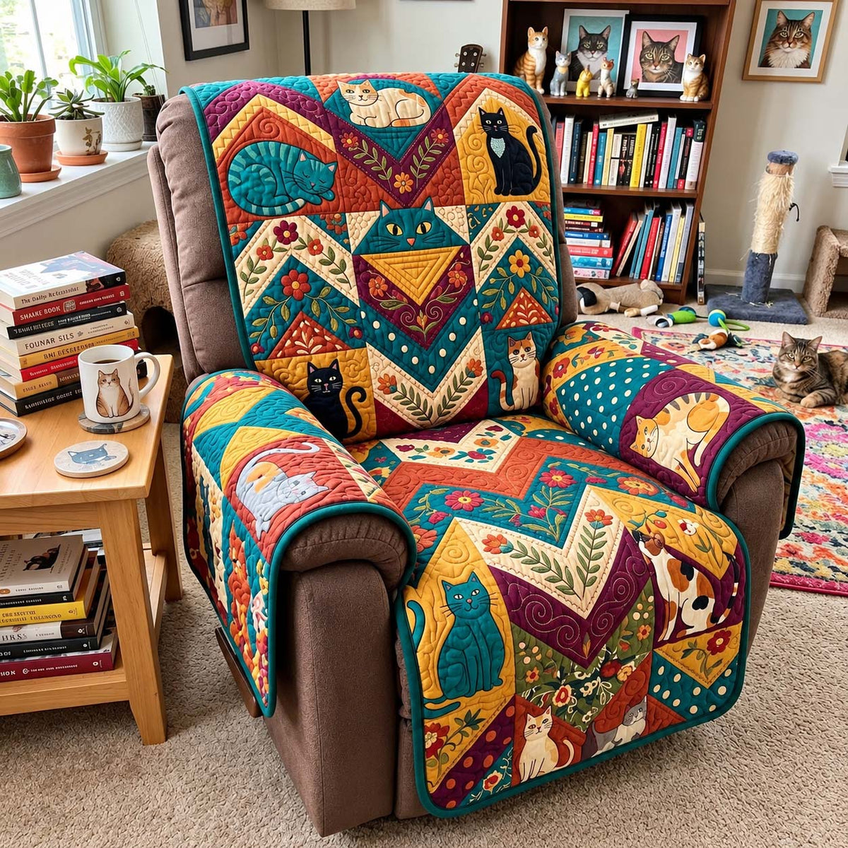 Whimsical Folk Cats Quilted Sofa Cover GFTONTD4130