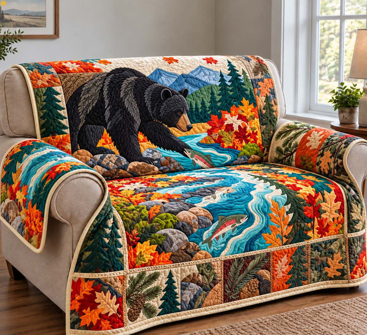Autumn Salmon Bear Quilted Sofa Cover GFTONTD4163