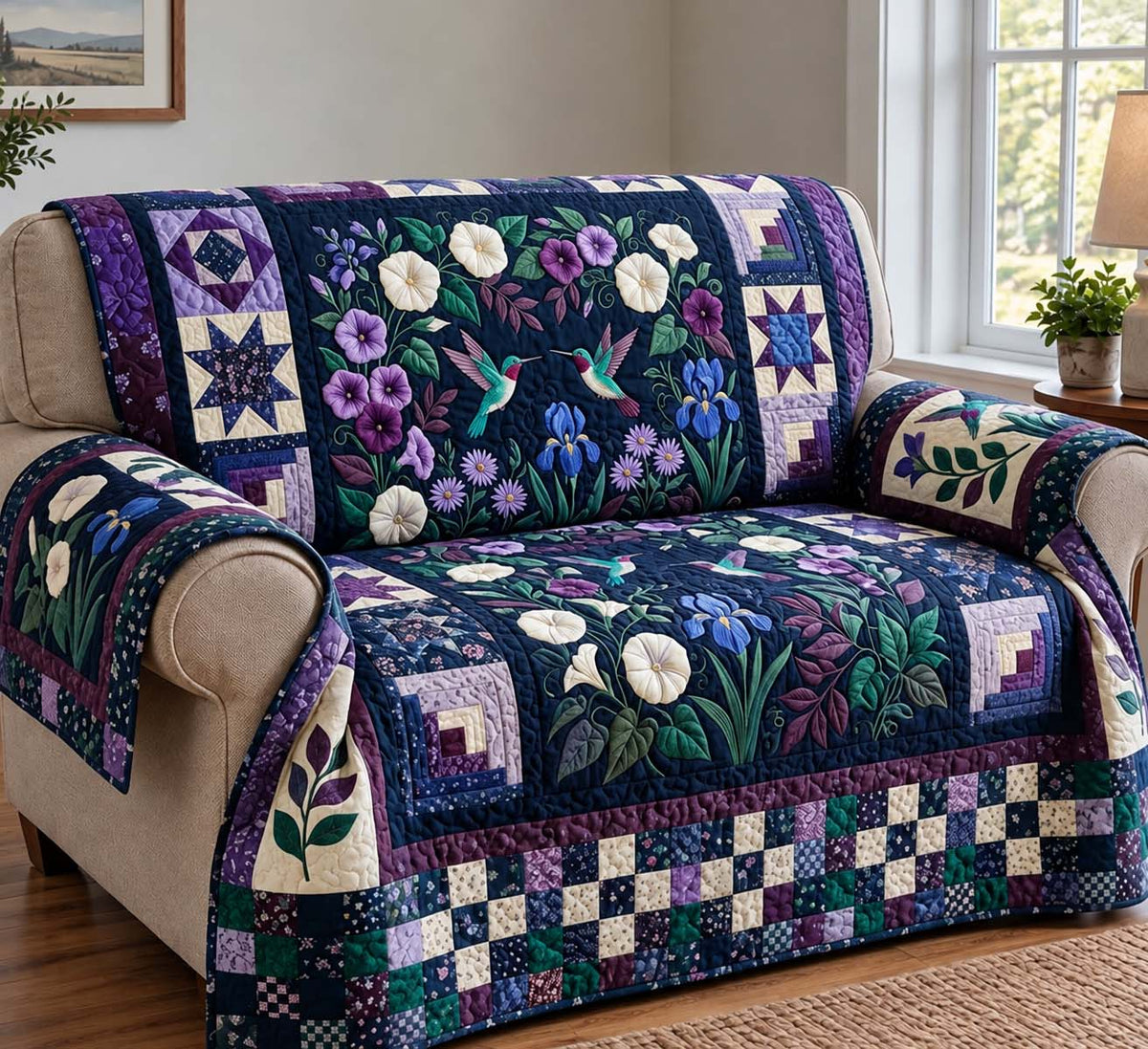 Midnight Hummingbird Garden Quilted Sofa Cover GFTONTD4172