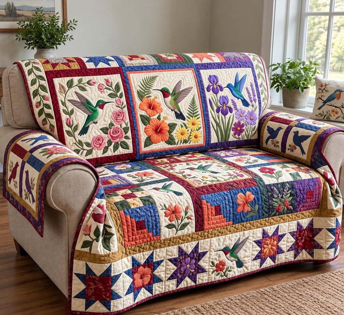 Hummingbird Floral Patchwork Quilted Sofa Cover GFTONTD4173