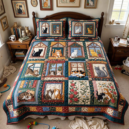 Cats In The Windows 3-Piece Quilted Bedding Set GFTONTD4176
