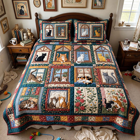 Cats In The Windows 3-Piece Quilted Bedding Set GFTONTD4176