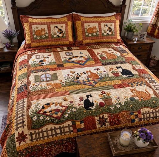 Cozy Country Cats 3-Piece Quilted Bedding Set GFTONTD4178