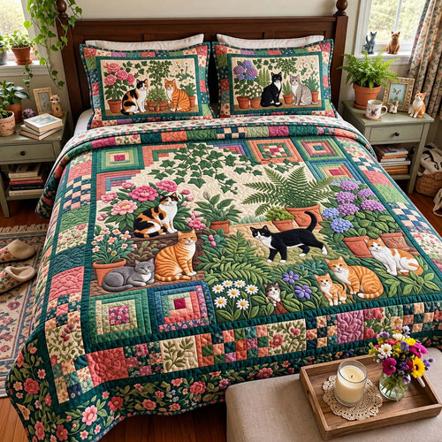 Garden Cats Retreat 3-Piece Quilted Bedding Set GFTONTD4179