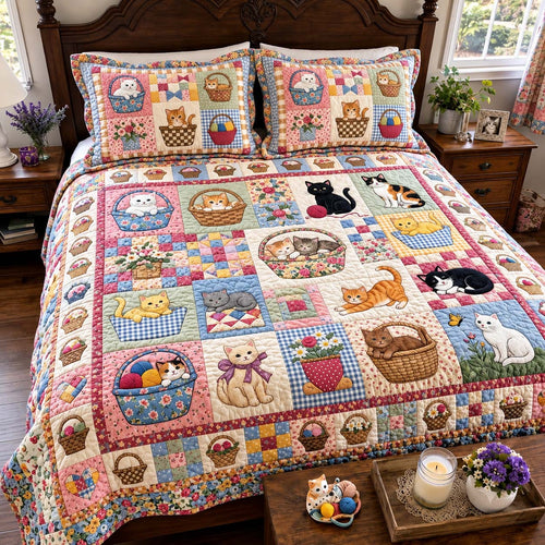 Basketful Of Kittens 3-Piece Quilted Bedding Set GFTONTD4180