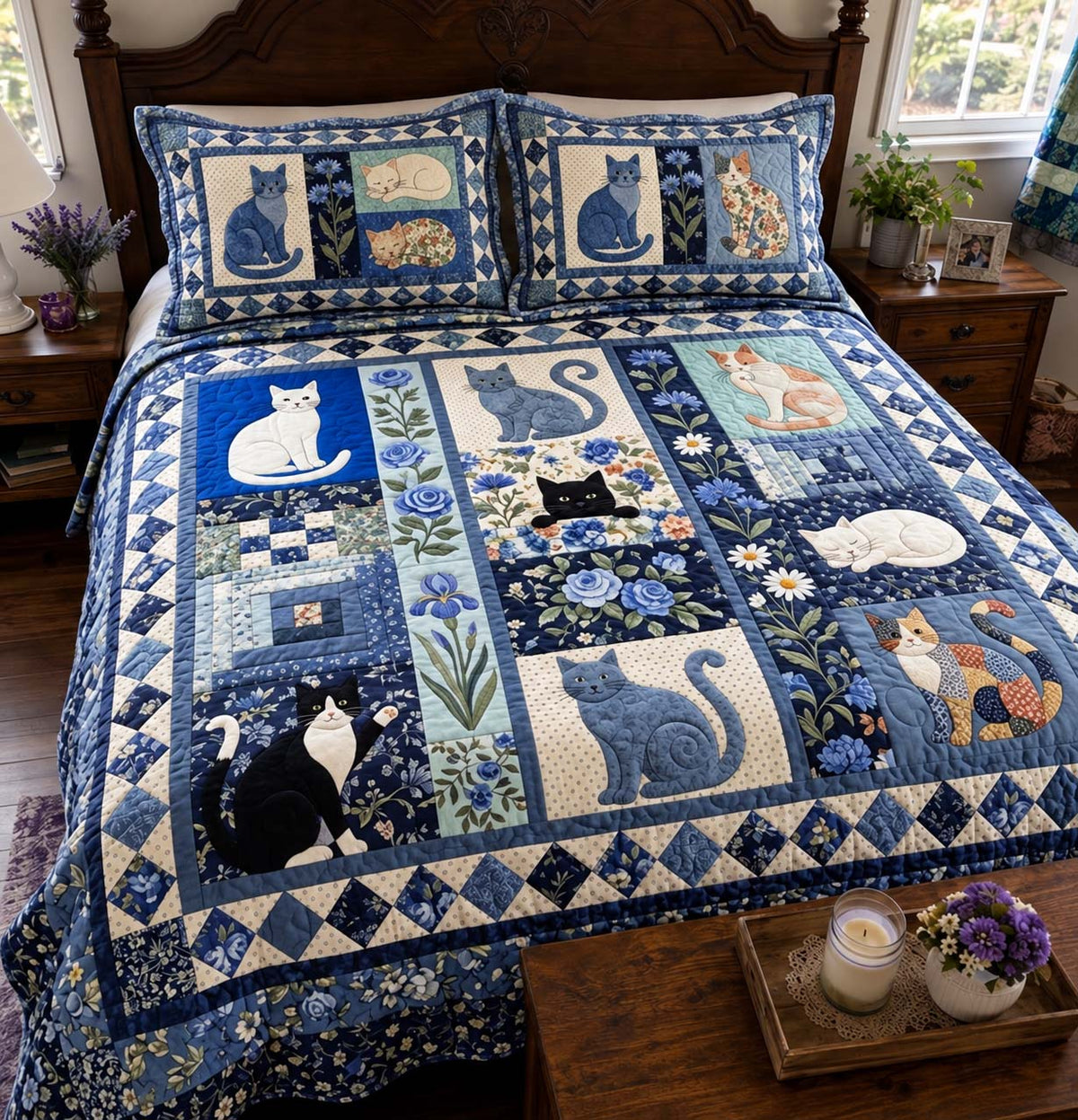 Blue Cottage Cats 3-Piece Quilted Bedding Set GFTONTD4181