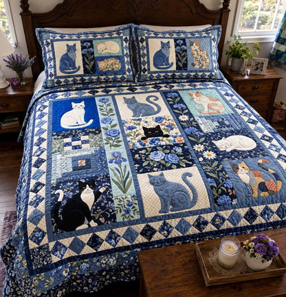 Blue Cottage Cats 3-Piece Quilted Bedding Set GFTONTD4181
