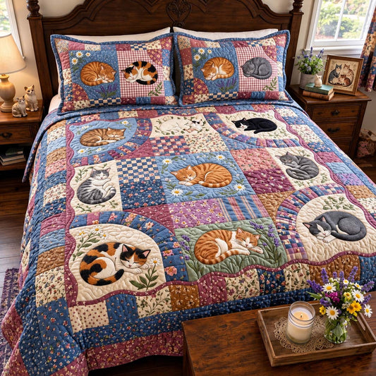 Sleeping Cats Patchwork 3-Piece Quilted Bedding Set GFTONTD4182