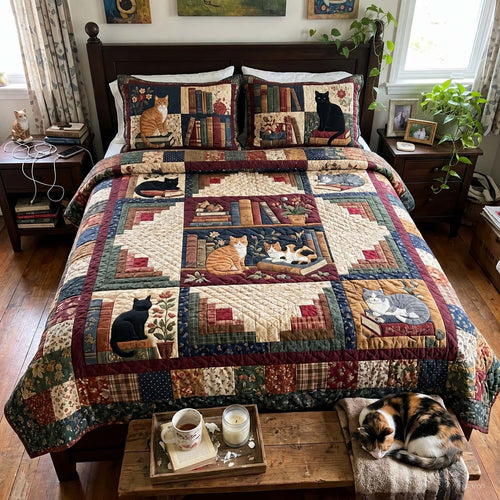Cats Among The Books 3-Piece Quilted Bedding Set GFTONTD4183