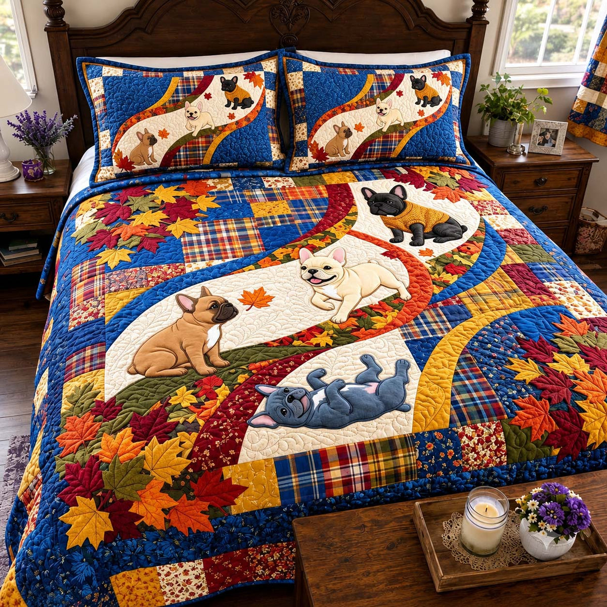 Autumn Trails Frenchies 3-Piece Quilted Bedding Set GFTONTD4184