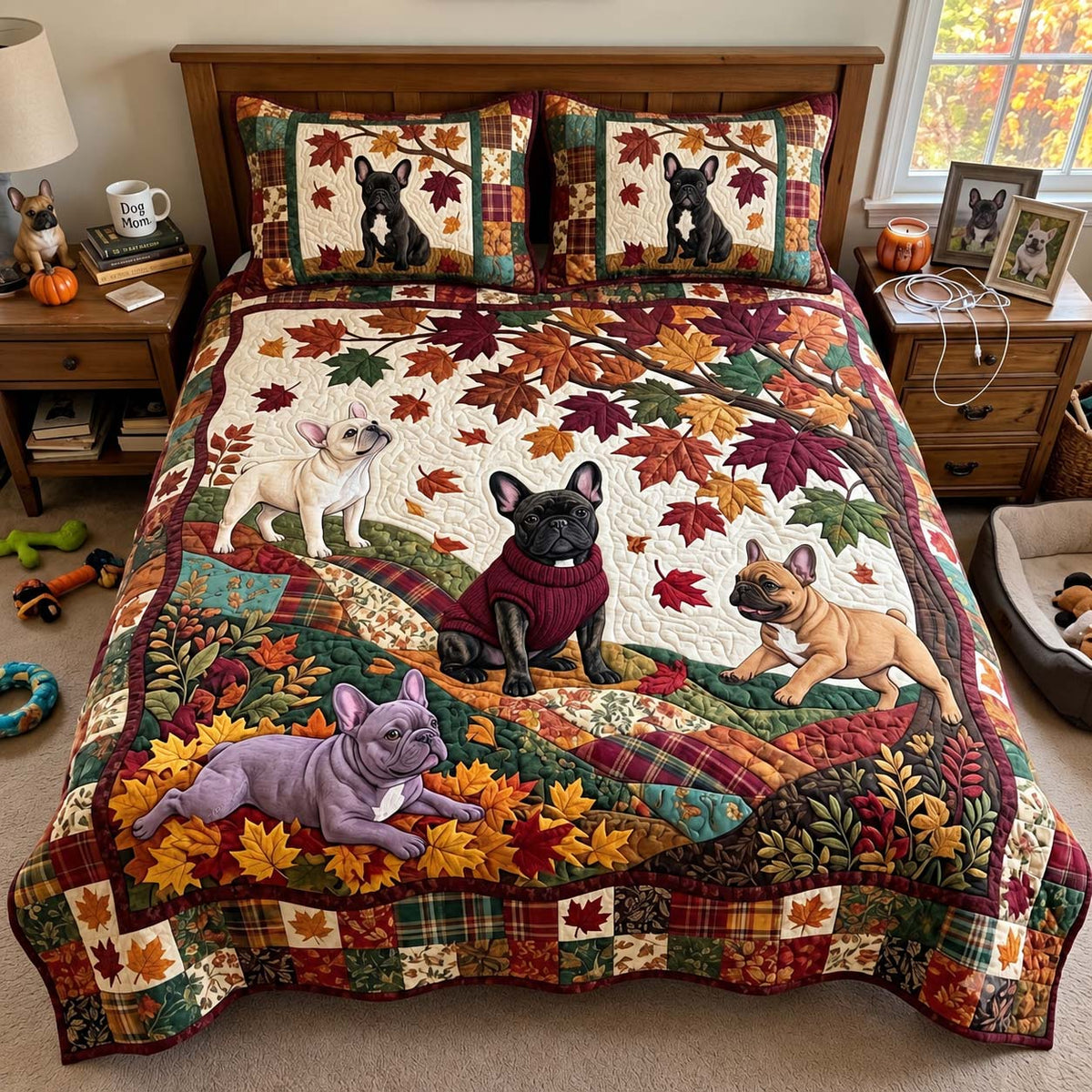 Frenchie Fall Gathering 3-Piece Quilted Bedding Set GFTONTD4185