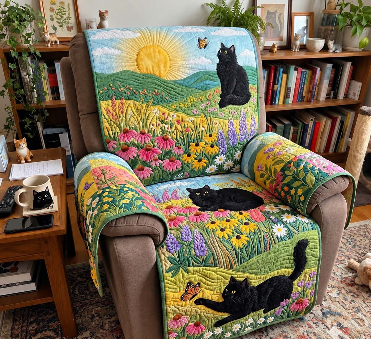 Sunlit Meadow Black Cats Quilted Sofa Cover GFTONTD4217