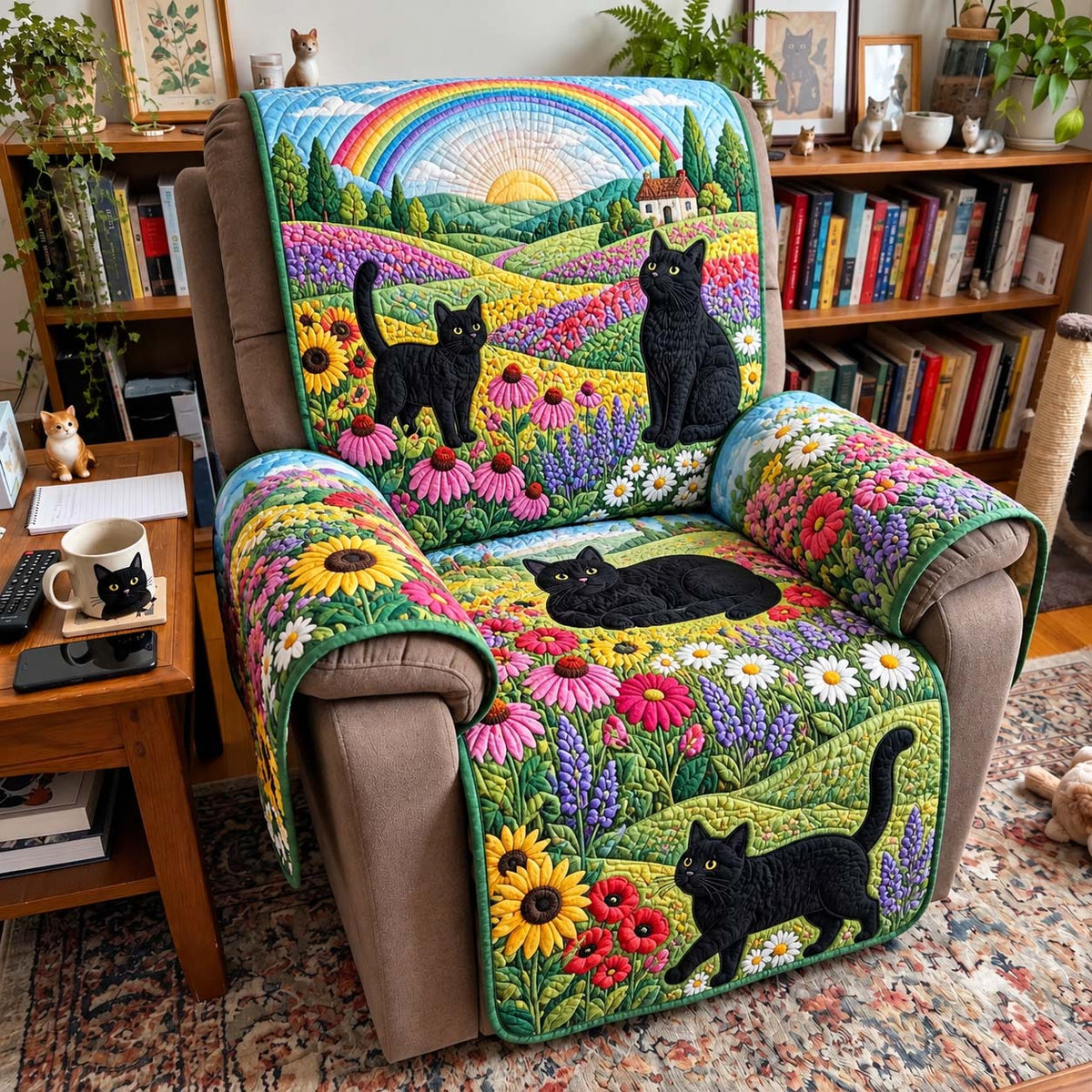 Rainbow Meadow Black Cats Quilted Sofa Cover GFTONTD4223