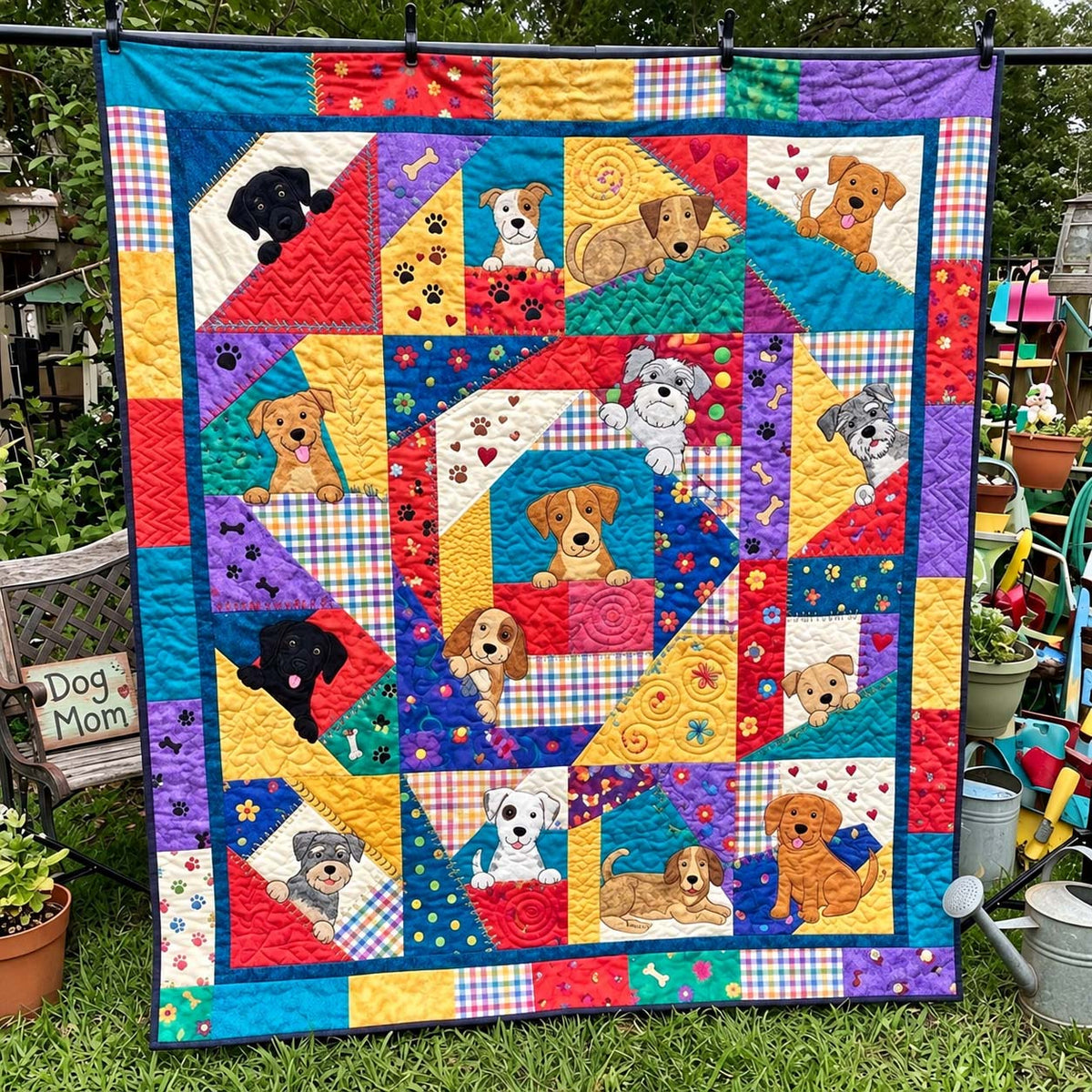 Colorful Puppy Scraps Quilted Blanket GFTONTD4243
