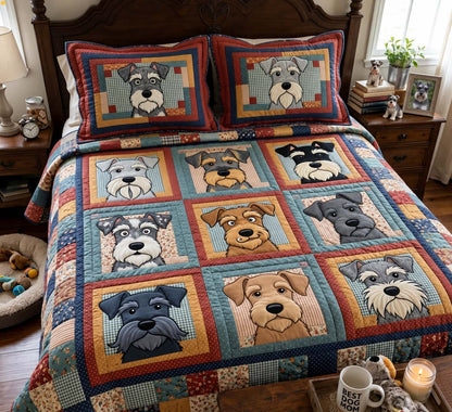 Schnauzer Patchwork Portraits 3-Piece Quilted Bedding Set GFTONTD4258