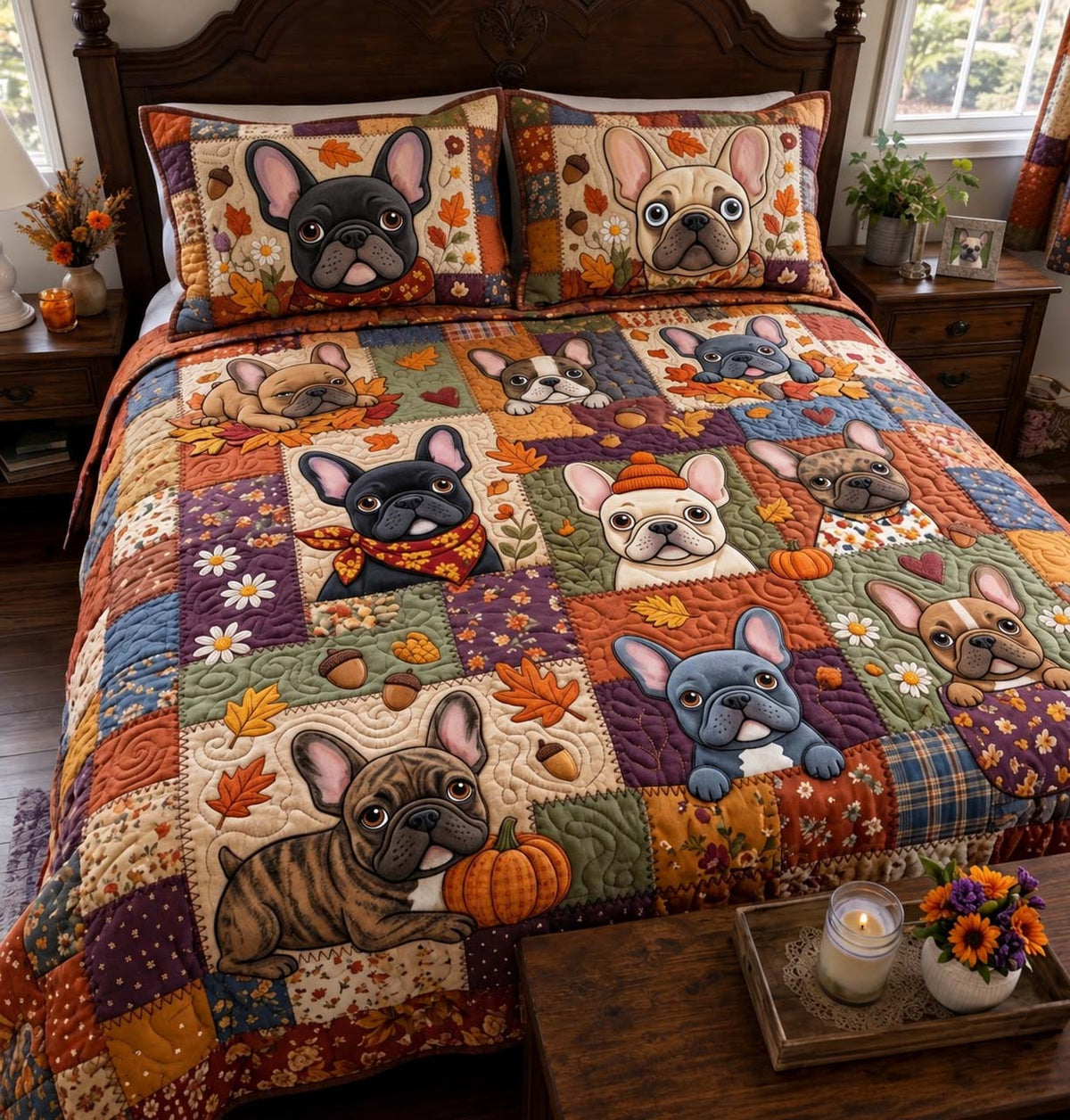 Frenchie Autumn Patchwork 3-Piece Quilted Bedding Set GFTONTD4265