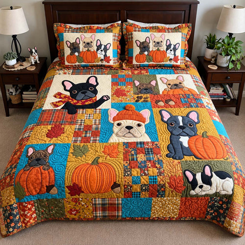 Pumpkin Patch Frenchies 3-Piece Quilted Bedding Set GFTONTD4266