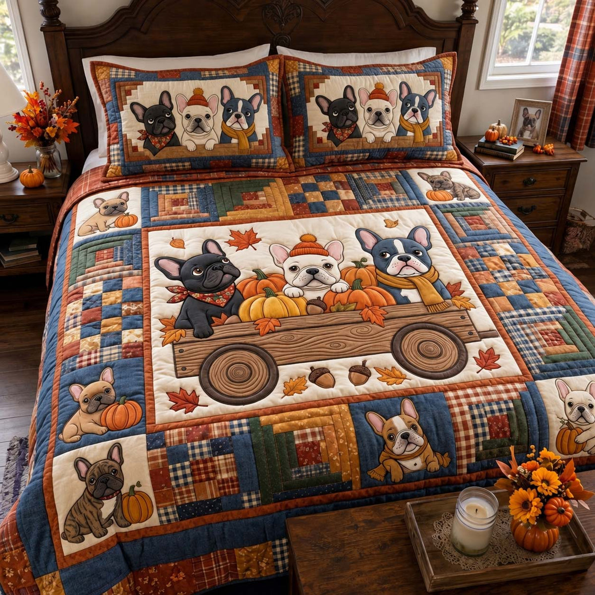 Frenchie Harvest Wagon 3-Piece Quilted Bedding Set GFTONTD4267