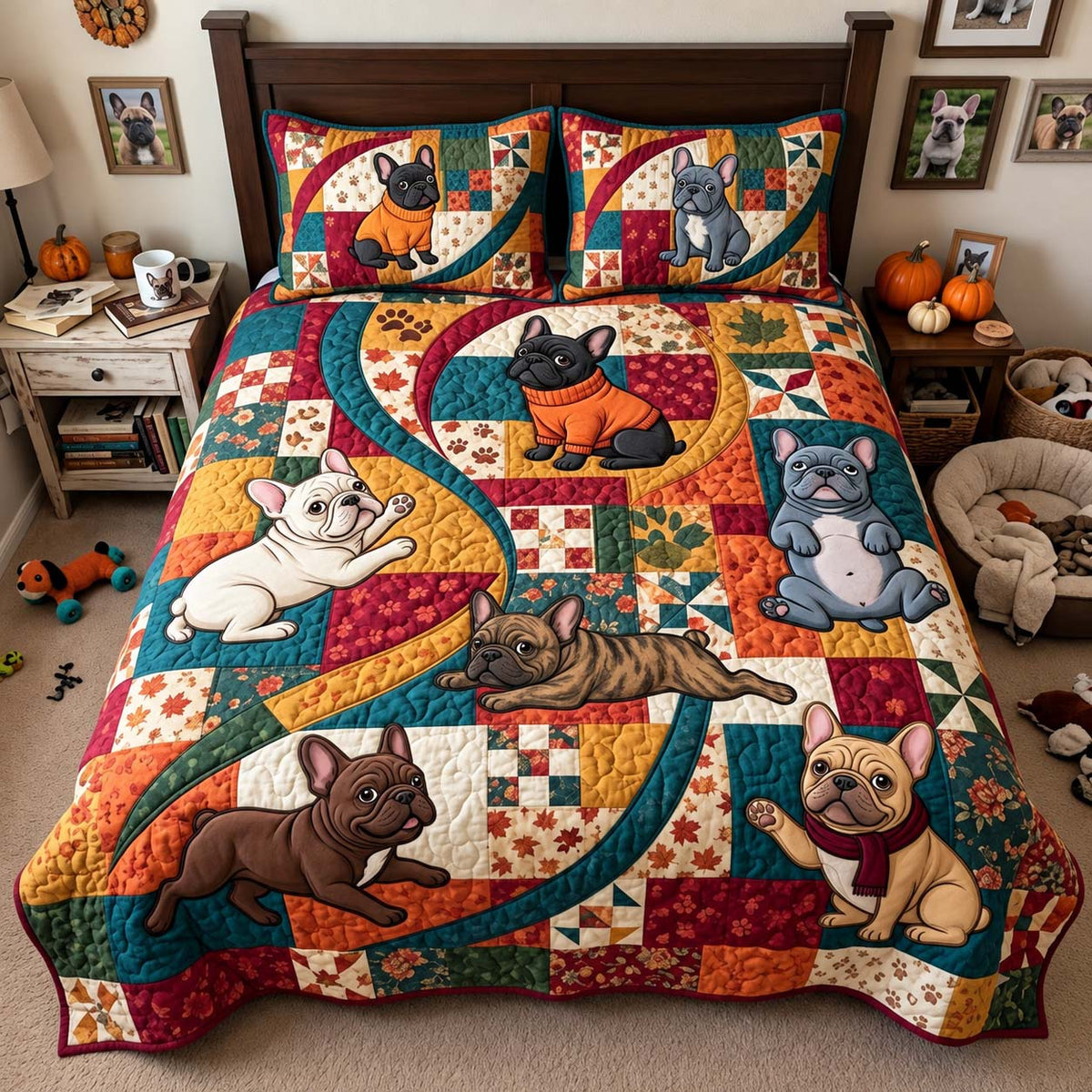 Frenchie Fall Patchwork 3-Piece Quilted Bedding Set GFTONTD4272
