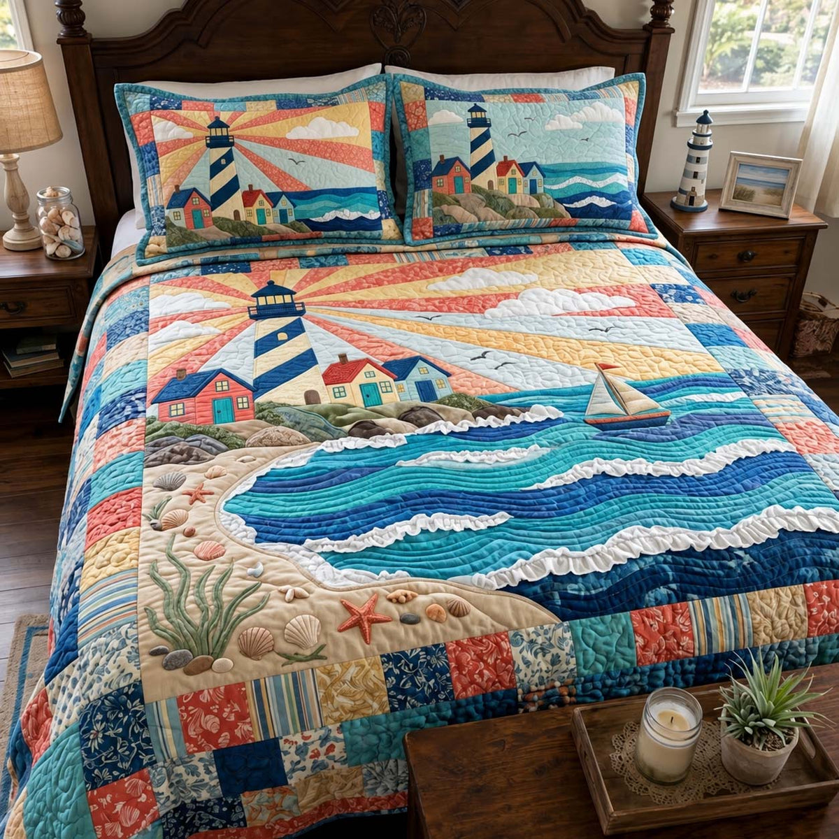 Sunrise Harbor Lighthouse 3-Piece Quilted Bedding Set GFTONTD4273