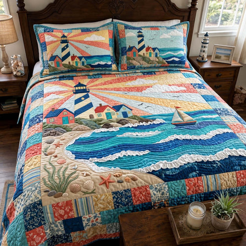 Sunrise Harbor Lighthouse 3-Piece Quilted Bedding Set GFTONTD4273