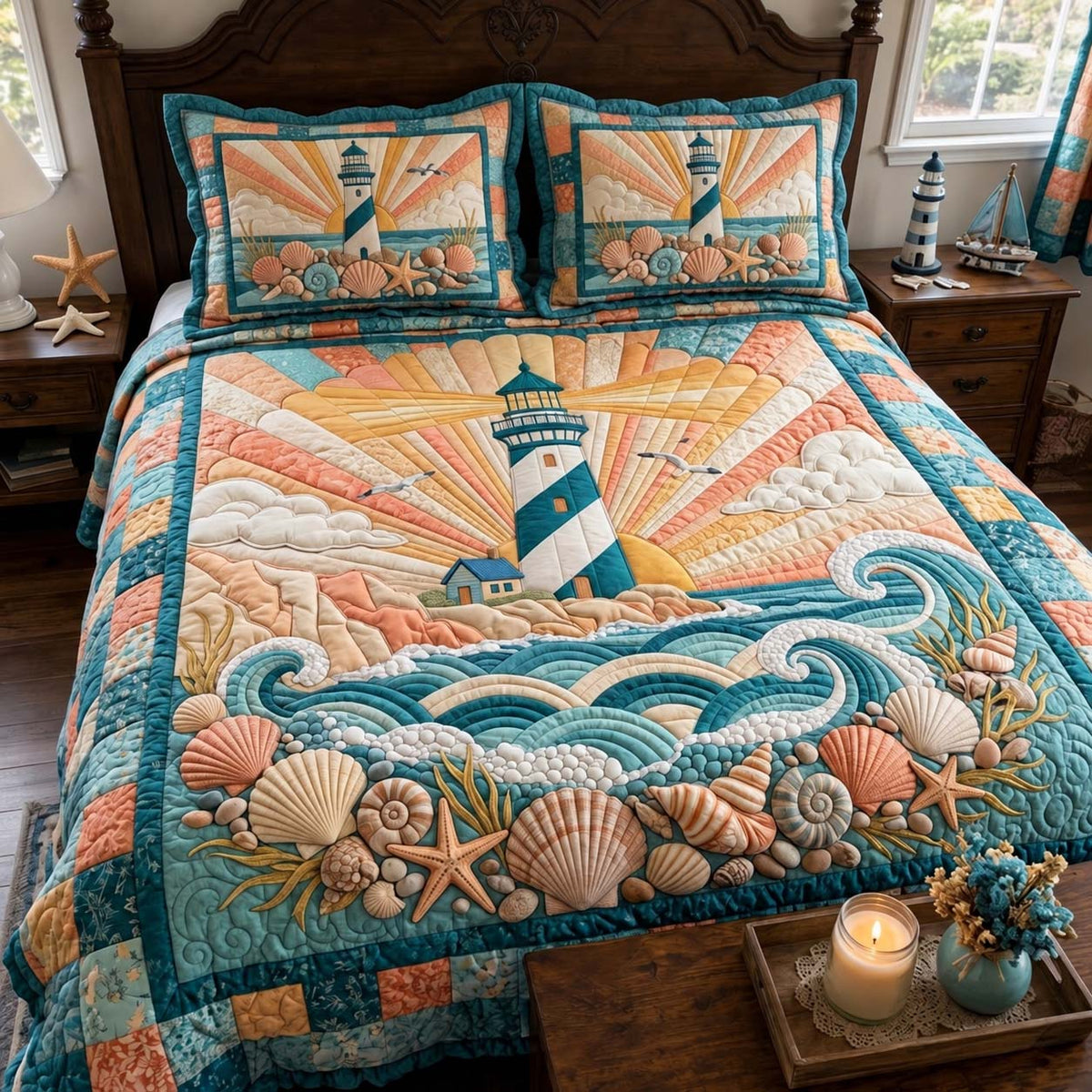 Seashell Coast Lighthouse 3-Piece Quilted Bedding Set GFTONTD4274