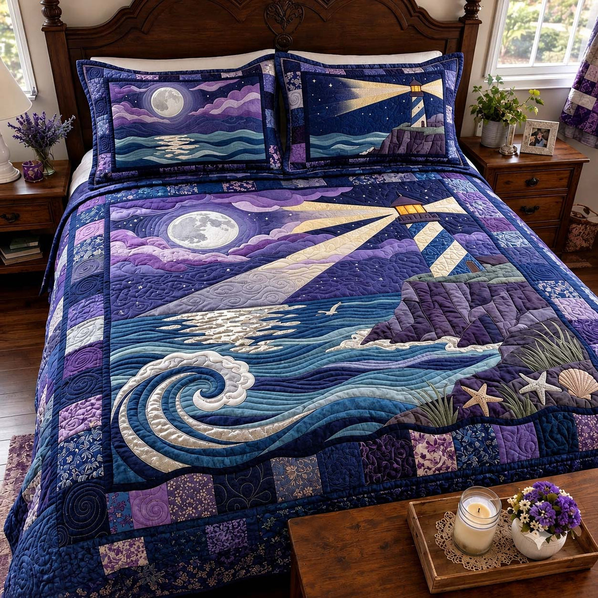 Moonlit Lighthouse Waves 3-Piece Quilted Bedding Set GFTONTD4275