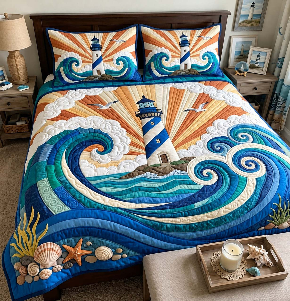 Ocean Beacon Sunrise 3-Piece Quilted Bedding Set GFTONTD4276