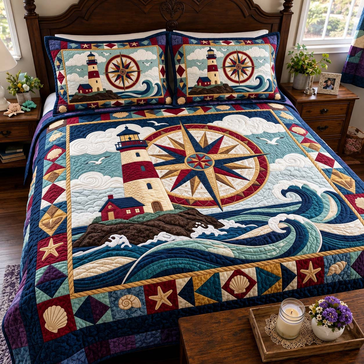 Nautical Compass Lighthouse 3-Piece Quilted Bedding Set GFTONTD4277