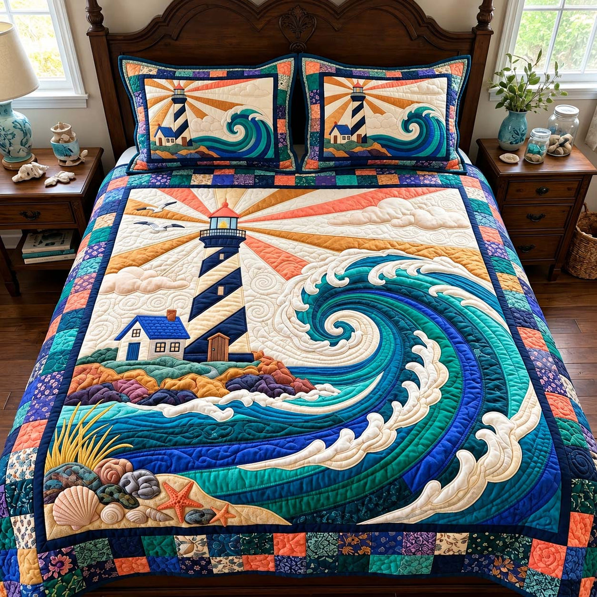 Coastal Wave Lighthouse 3-Piece Quilted Bedding Set GFTONTD4278