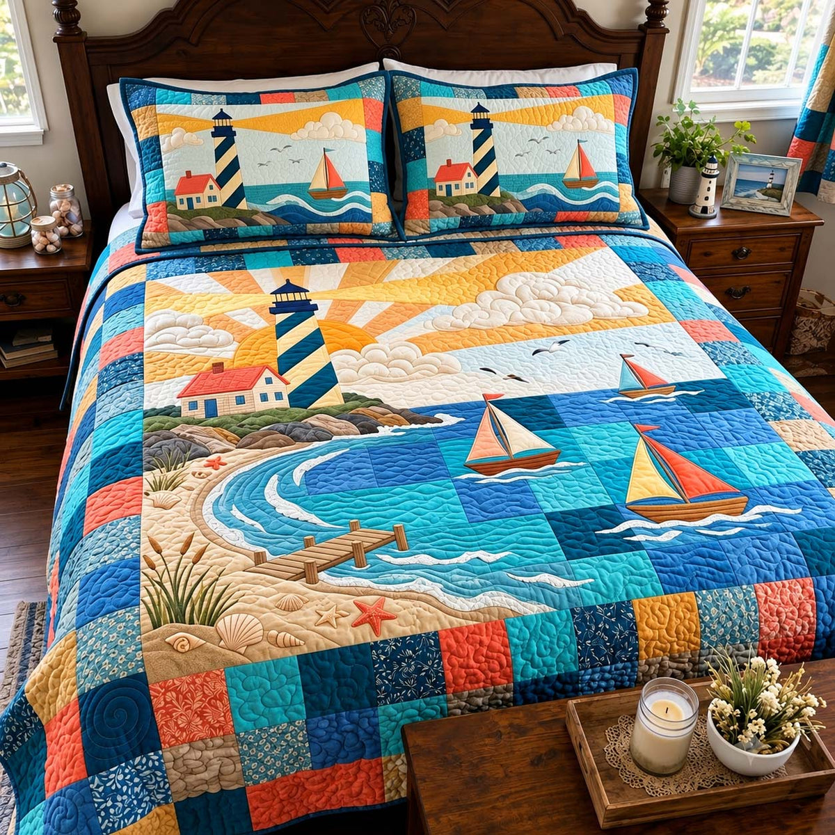 Sailboat Harbor Lighthouse 3-Piece Quilted Bedding Set GFTONTD4279