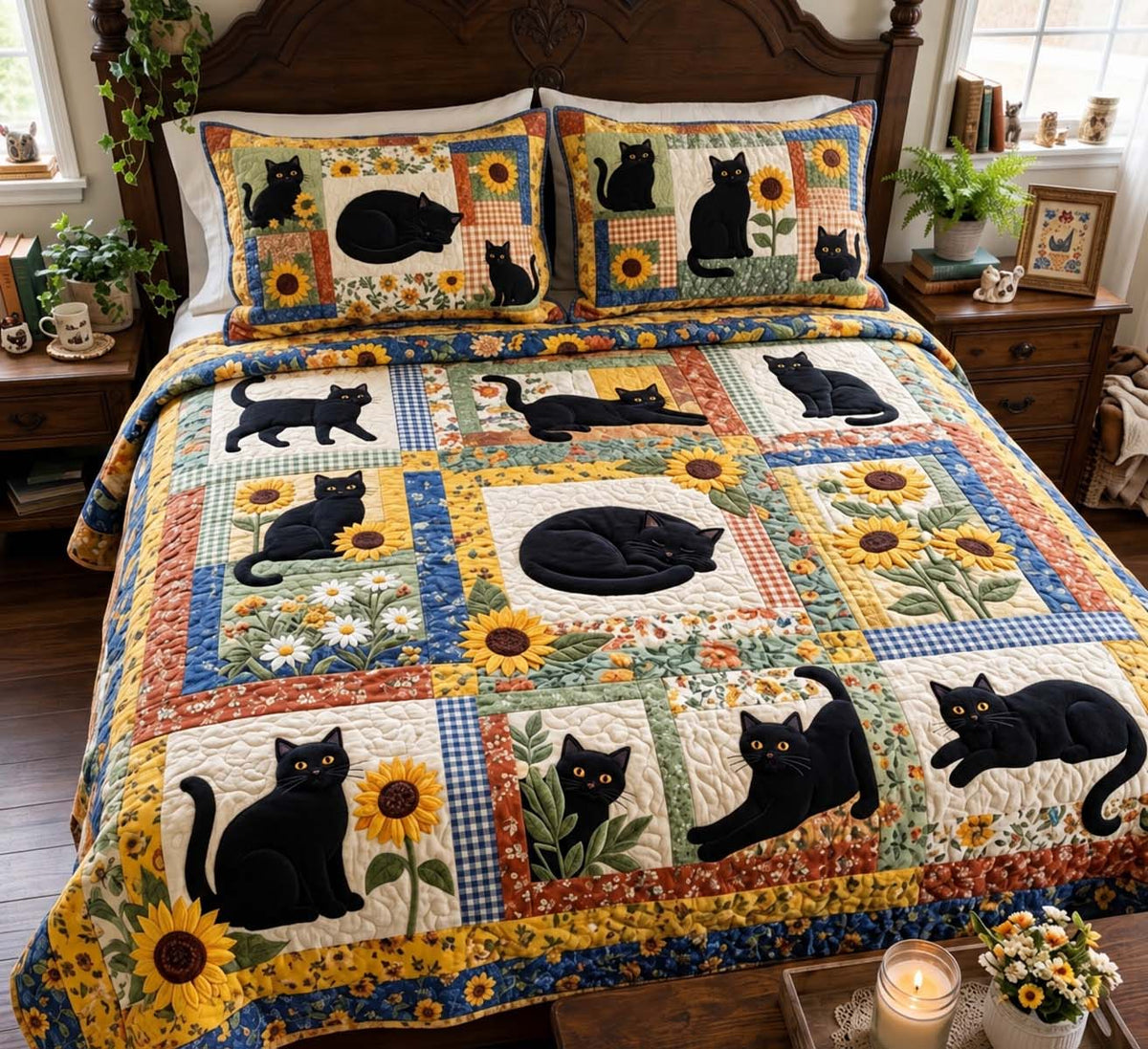 Sunflower Black Cats 3-Piece Quilted Bedding Set GFTONTD4326