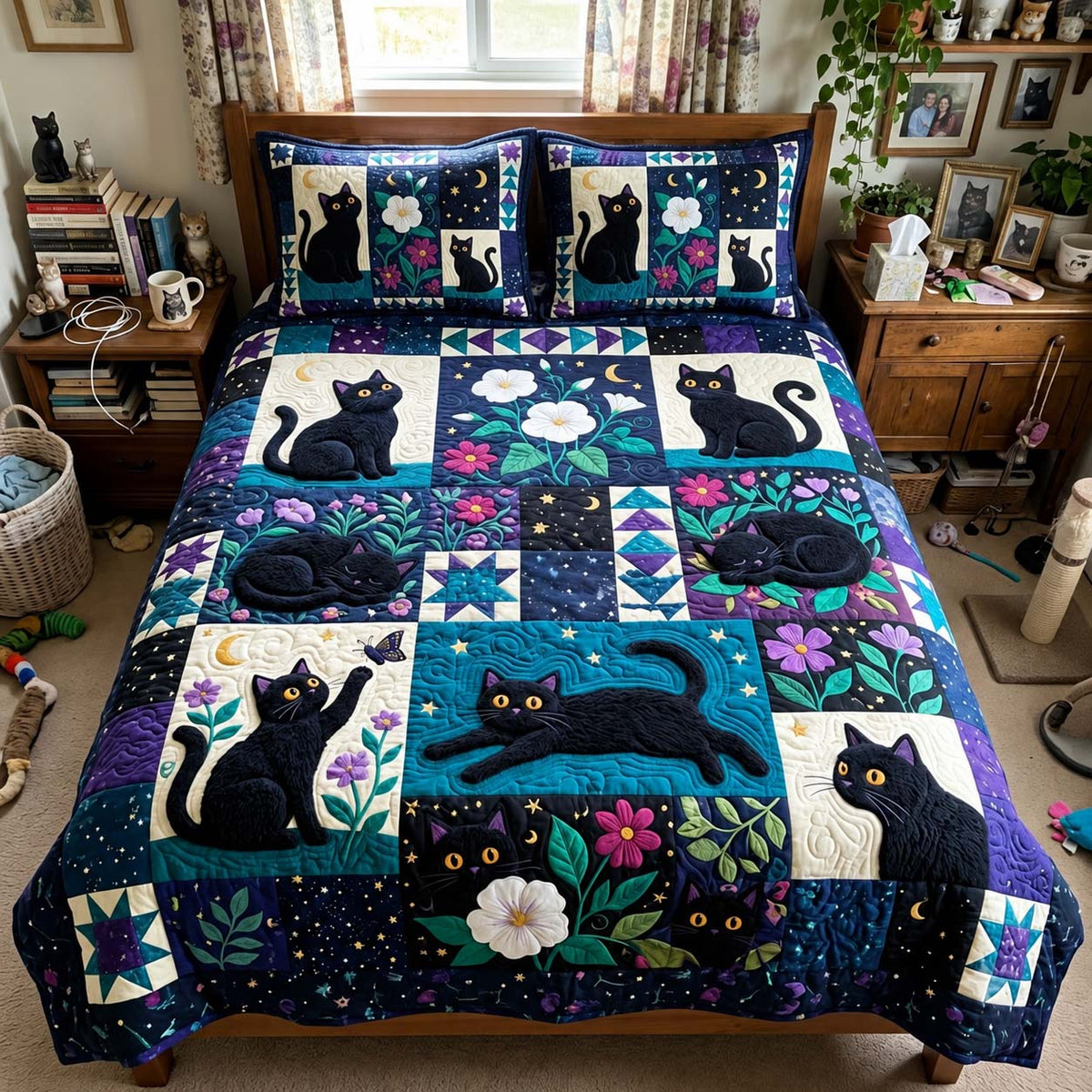 Midnight Garden Cats 3-Piece Quilted Bedding Set GFTONTD4328