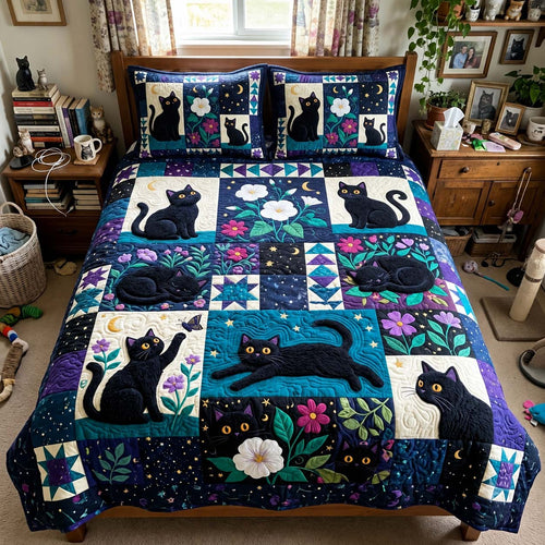 Midnight Garden Cats 3-Piece Quilted Bedding Set GFTONTD4328