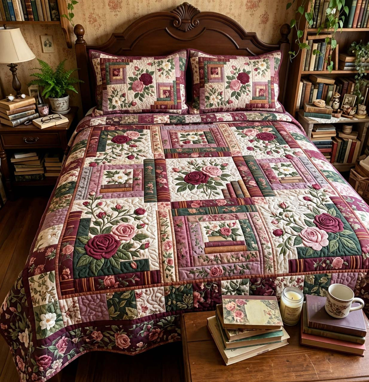 Vintage Rose Library 3-Piece Quilted Bedding Set GFTONTD4331