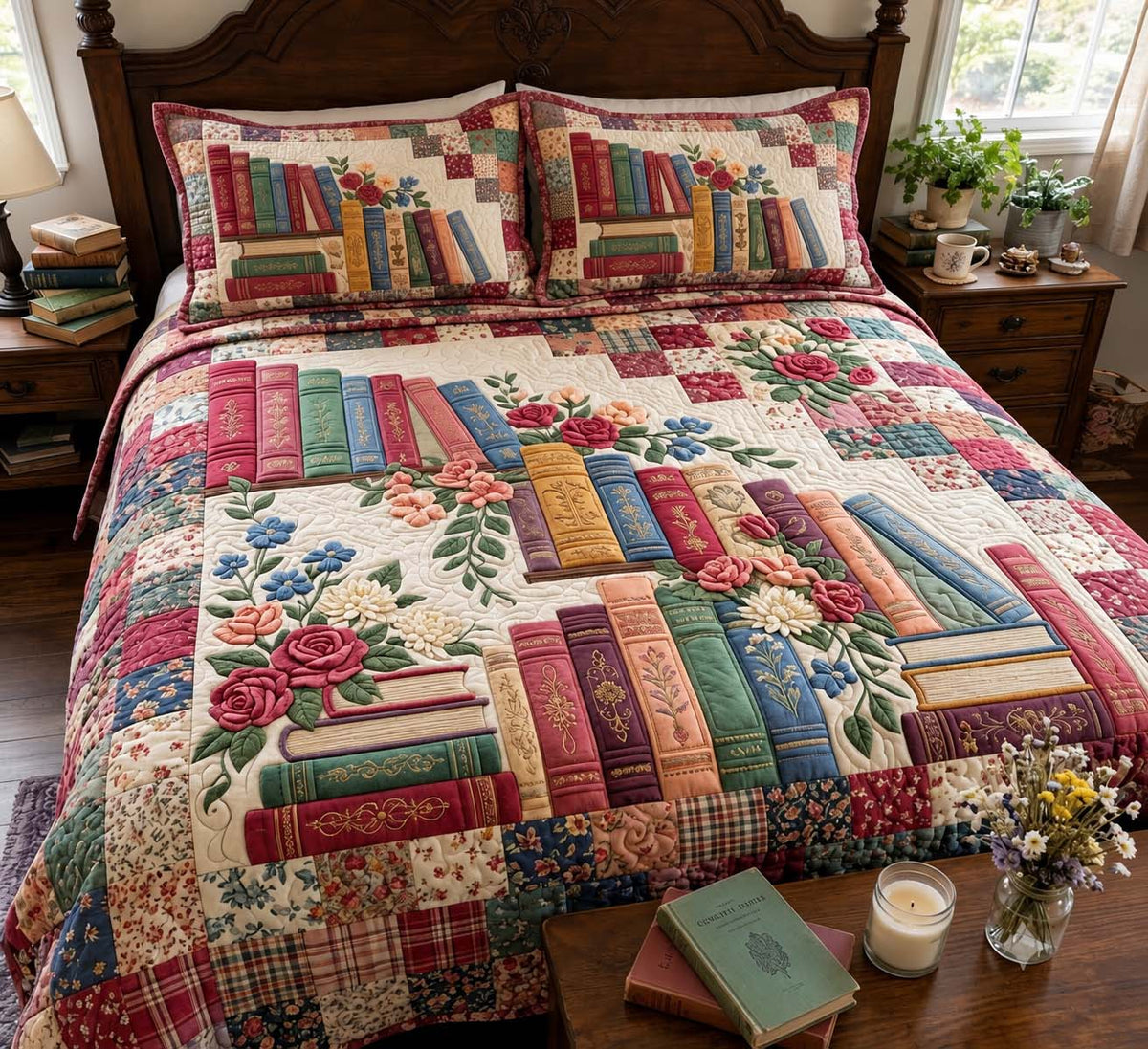 Blooming Bookshelf Garden 3-Piece Quilted Bedding Set GFTONTD4332