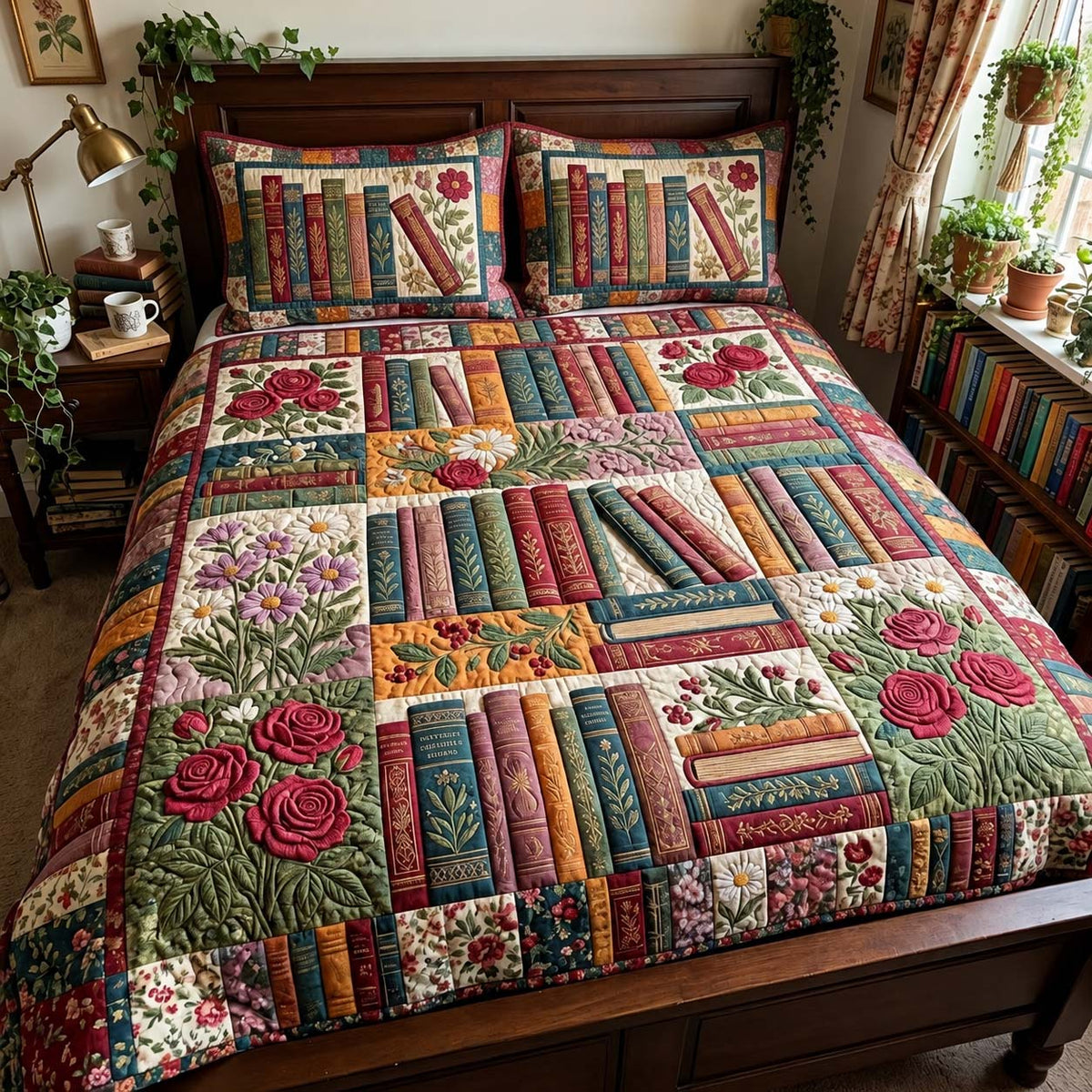Country Rose Books 3-Piece Quilted Bedding Set GFTONTD4333