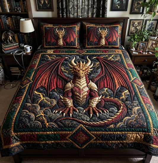 Crimson Storm Dragon 3-Piece Quilted Bedding Set GFTONTD4347