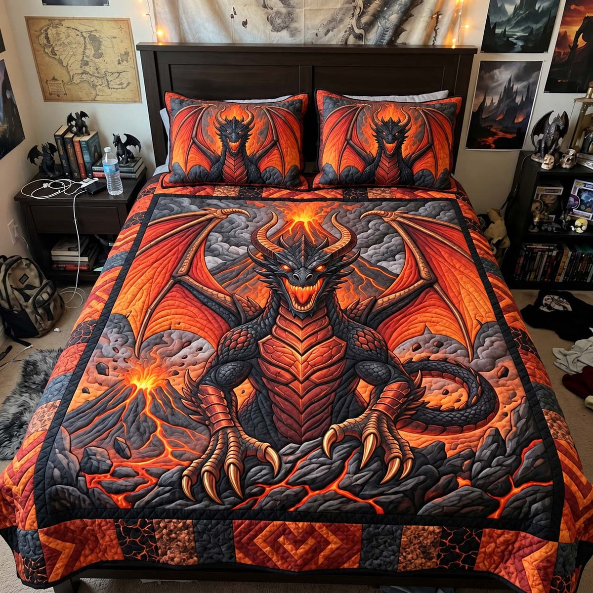 Volcanic Fire Dragon 3-Piece Quilted Bedding Set GFTONTD4348