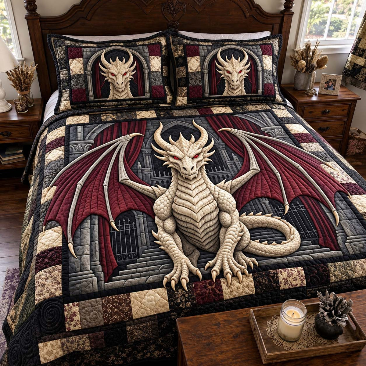 Gothic Ivory Dragon 3-Piece Quilted Bedding Set GFTONTD4351