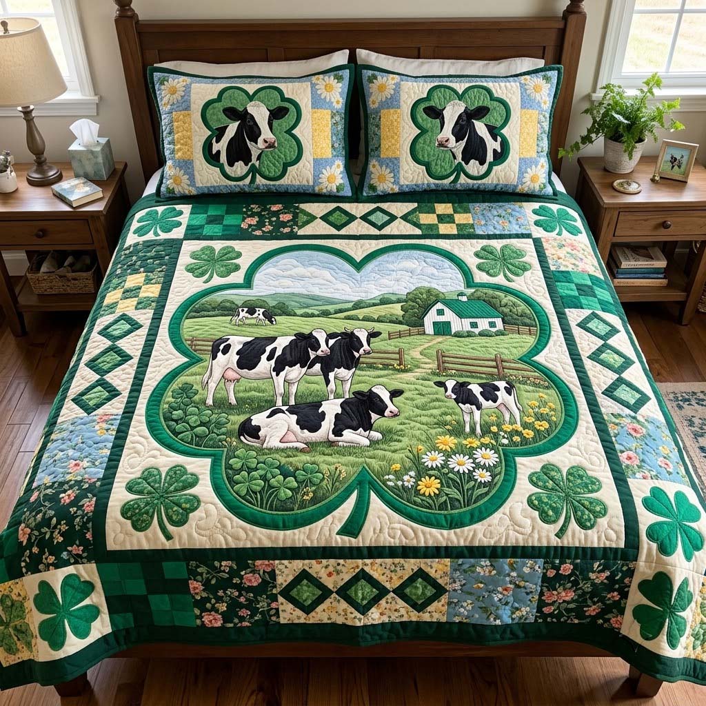 Lucky Clover Cows 3-Piece Quilted Bedding Set GFTONTD4354