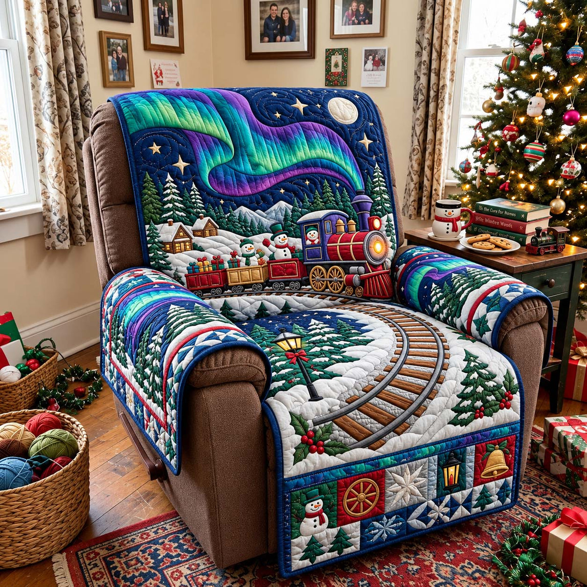 Northern Lights Christmas Train Quilted Sofa Cover GFTONTD4369