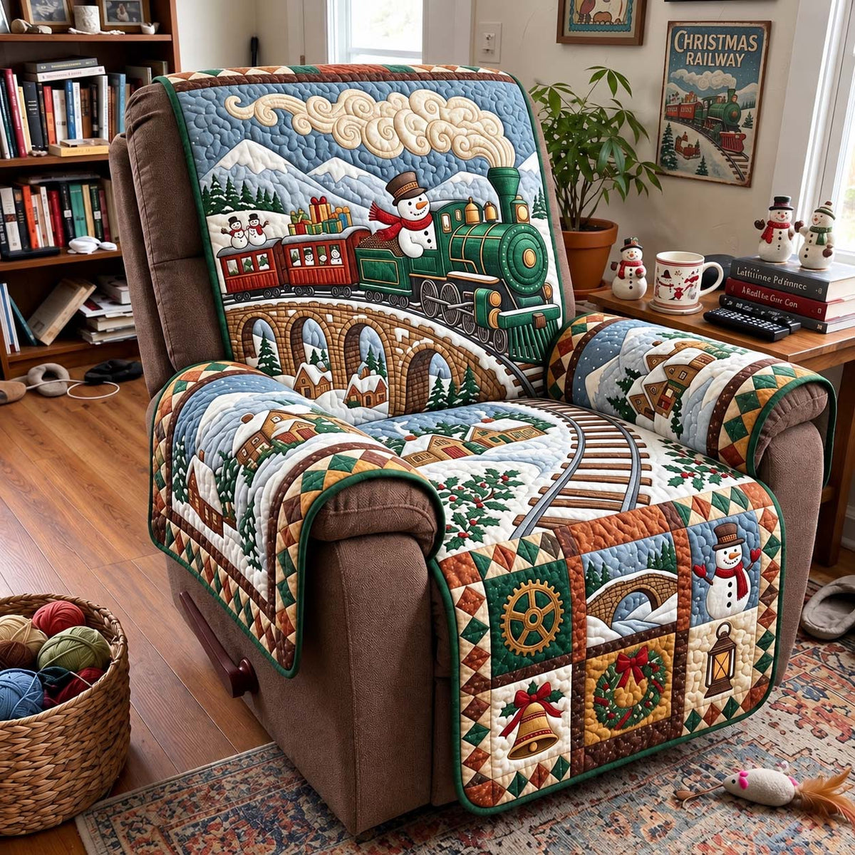 Snowman Bridge Railway Quilted Sofa Cover GFTONTD4371