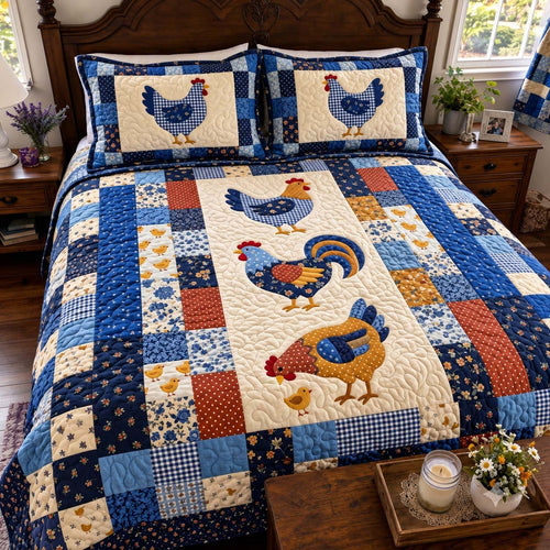 Blue Hen Country Patchwork 3-Piece Quilted Bedding Set GFTONTD4394